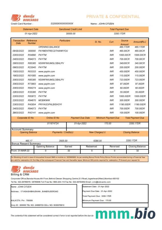 Szablon wyciągu bankowego Indie Bandhan w programie Word i PDF